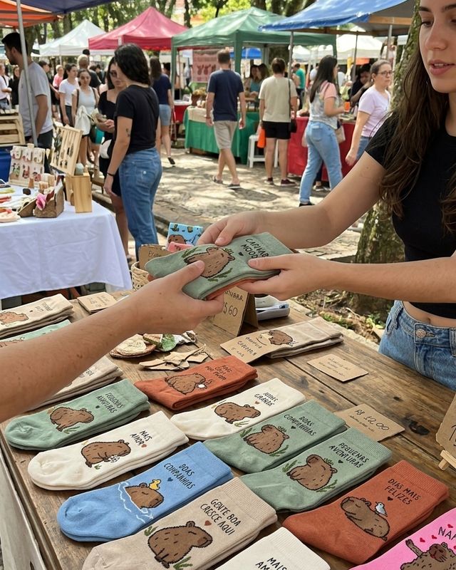 Banca de feira com meias de capivara