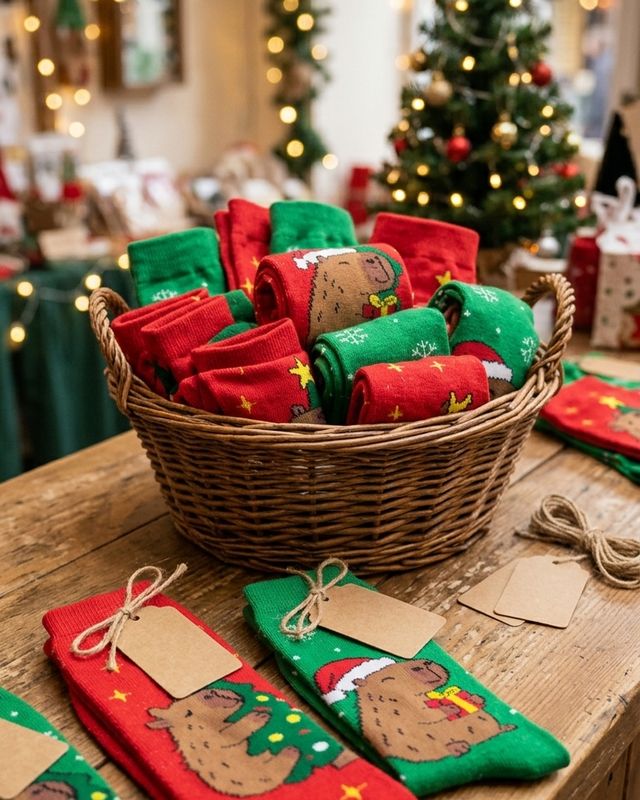Cesta de meias de Natal com capivara